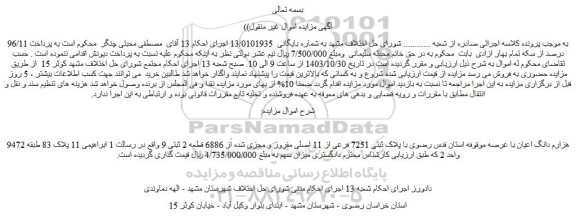 مزایده 947هزارم دانگ اعیان با عرصه موقوفه استان قدس رضوی با پلاک ثبتی 7251 فرعی از 11 اصلی مفروز و مجزی شده از 6886 قطعه 2 ثبتی 9