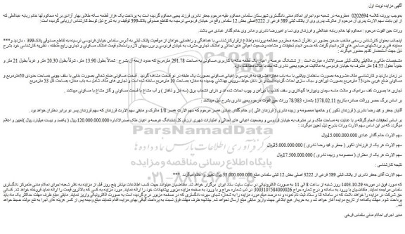مزایده  ششدانگ عرصه و اعیان یک قطعه خانه با کاربری مسکونی به مساحت 291.78 مترمربع