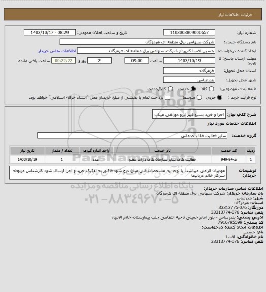 استعلام اجرا و خرید پسیو فیبر نیرو دوراهی میناب