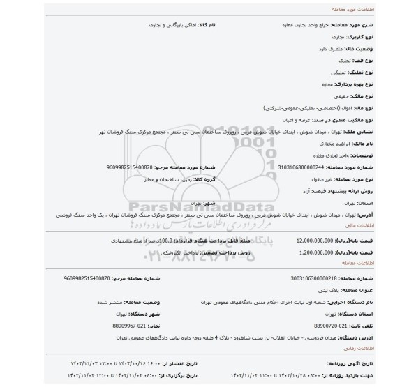 مزایده، واحد تجاری مغازه