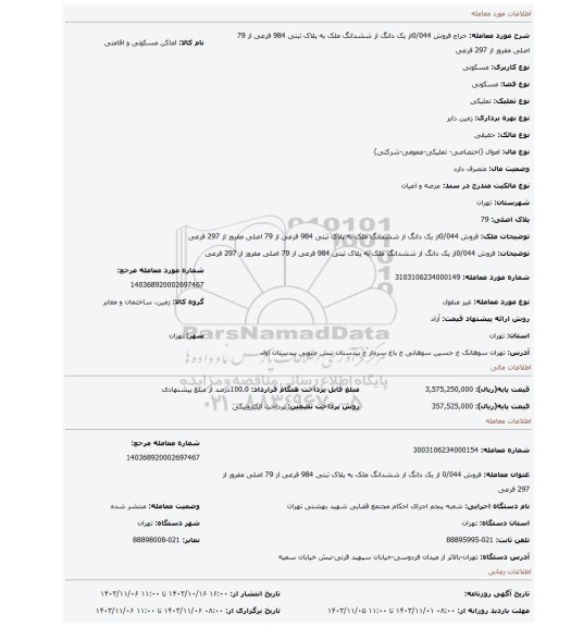 مزایده، فروش 0/044از یک دانگ از ششدانگ ملک به پلاک ثبتی 984 فرعی از 79 اصلی مفروز از 297 فرعی