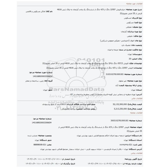 مزایده، فروش 2/057 دانگ از 4/5 دانگ از ششدانگ یک واحد آپارتمان به پلاک ثبتی 4616 فرعی از 35 اصلی مفروزاز22