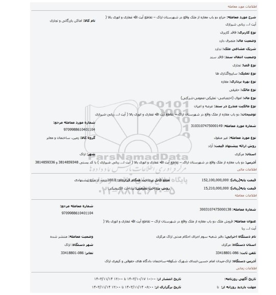 مزایده، دو باب مغازه از ملک واقع در شهرستان اراک – تقاطع آیت الله غفاری و انوری بالا ( آیت ا... ربانی شیرازی