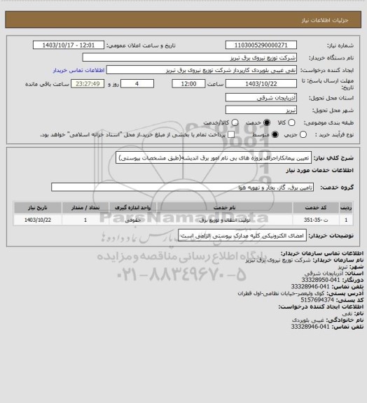 استعلام تعیین پیمانکاراجرای پروژه های بی نام امور برق اندیشه(طبق مشخصات پیوستی)
