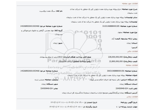 مزایده، پروانه بهره برداری معدن تراورتن کپز یک متعلق به شرکت نما ی تخت سلیمان