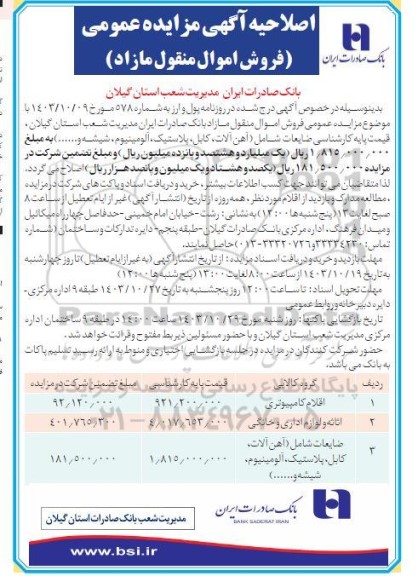 اصلاحیه مزایده فروش اموال منقول مازاد شامل اقلام کامپیوتری و ...