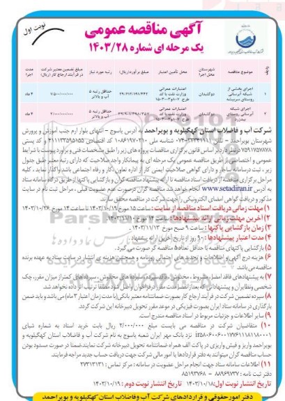 مناقصه اجرای بخشی از شبکه آبرسانی روستا