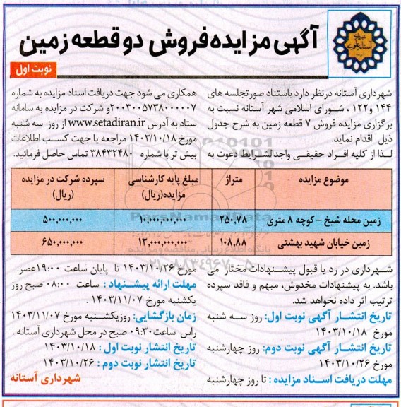مزایده فروش 7 قطعه زمین متراژ 250.78 و 108.88