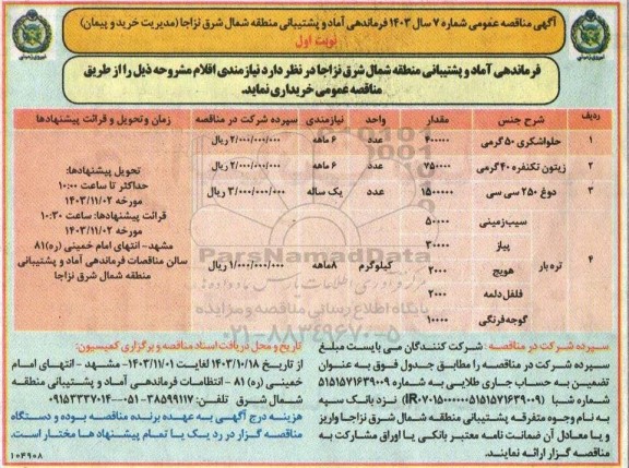 مناقصه خرید نیازمندی اقلام 