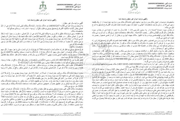 مزایده دو دانگ مشاع از ششدانگ پلاک ثبتی شماره 174 فرعی از 23 اصلی