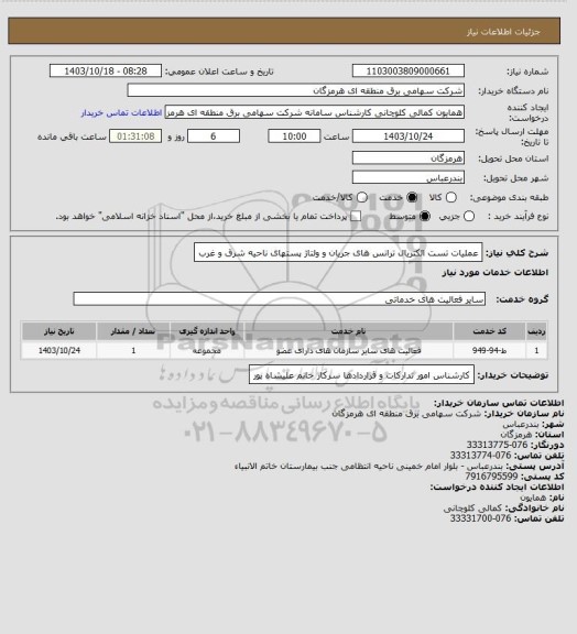 استعلام عملیات تست الکتریال ترانس های جریان و ولتاژ پستهای ناحیه شرق و غرب