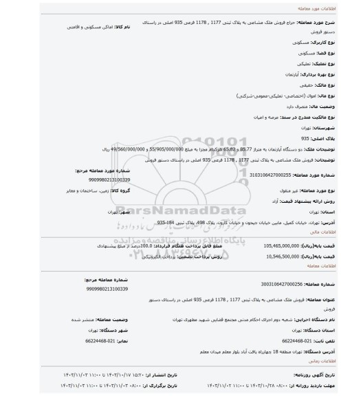 مزایده، فروش ملک مشاعی به پلاک ثبتی 1177 , 1178 فرعی 935 اصلی در راستای دستور فروش