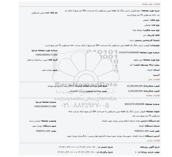 مزایده، فروش شش دانگ یک قطعه زمین مسکونی (به مساحت 304 متر مربع ) دارای دو باب خانه مسکونی 70 متر مریع (سند