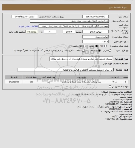 استعلام عملیات تعویض کنتور خراب و نوسازی انشعابات آب در سطح امور چناران