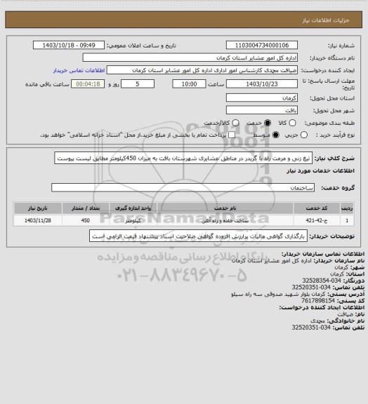 استعلام تیغ زنی و مرمت راه با گریدر در مناطق عشایری شهرستان بافت  به میزان 450کیلومتر مطابق لیست پیوست