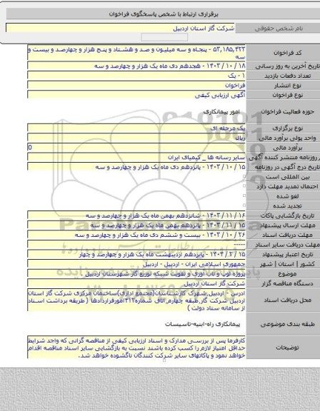 مناقصه, پروژه لوپ و تاب آوری و تقویت شبکه توزیع گاز شهرستان اردبیل .