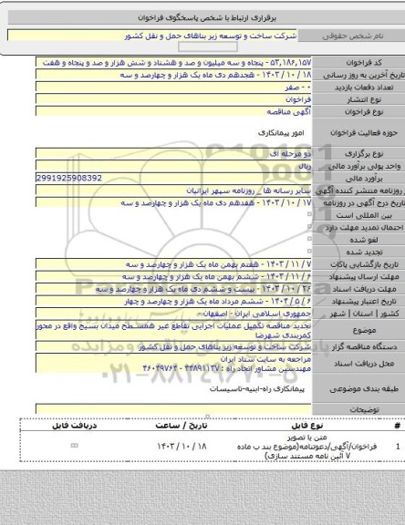 مناقصه, تجدید مناقصه تکمیل عملیات اجرایی تقاطع غیر همسطح میدان بسیج واقع در محور کمربندی شهرضا