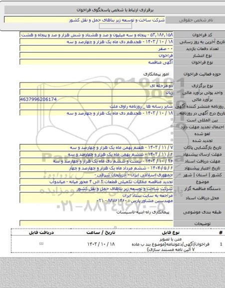 مناقصه, تجدید مناقصه عملیات تکمیلی قطعات ۲ الی ۴ محور میانه - میاندوآب