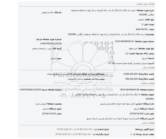 مزایده، سه دانگ از 6 دانگ یک باب خانه آپارتمان در یک پلوت به اضافه دو طبقه. بایگانی 0202981