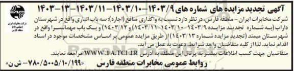 تجدید مزایده واگذاری منافع (اجاره) سه باب انباری
