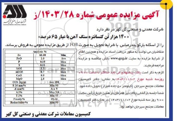 مزایده 140 هزار تن کنسانتره سنگ آهن با عیار 65 درصد