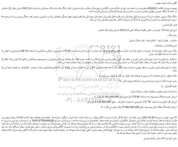 مزایده ششدانگ عرصه و اعیان باقیمانده پلاک ثبتی 3031/14-اصلی