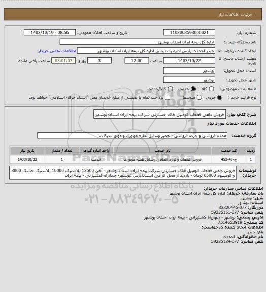 استعلام فروش داغی قطعات اتومبیل های خسارتی شرکت بیمه ایران استان بوشهر