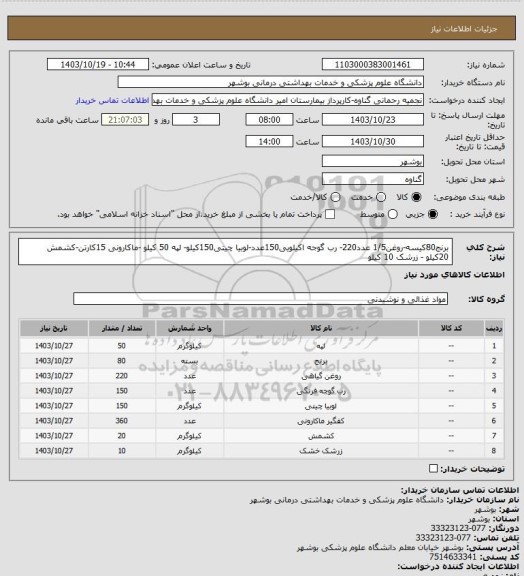 استعلام برنج80کیسه-روغن1/5 عدد220- رب گوجه اکیلویی150عدد-لوبیا چیتی150کیلو- لپه 50 کیلو -ماکارونی 15کارتن-کشمش 20کیلو - زرشک 10 کیلو