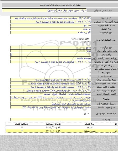 مناقصه, طراحی، خرید، نصب و اجرای سیستم LGTG مخازن سوخت نیروگاه ایسین(بندرعباس)