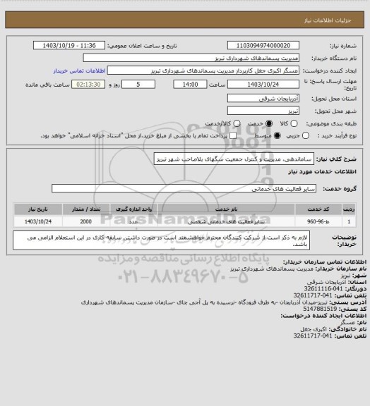 استعلام ساماندهی، مدیریت و کنترل جمعیت سگهای بلاصاحب شهر تبریز