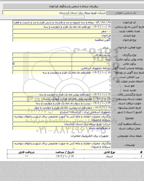 مناقصه, واگذاری عملیات حفاری و چاله کنی به صورت تجمیعی برای شهرستانهای دیواندره - سروآباد و مریوان