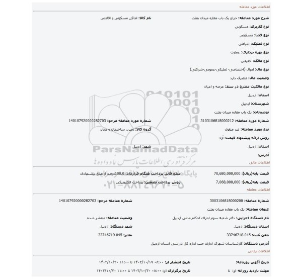 مزایده، یک باب مغازه میدان بعثت