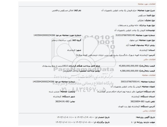 مزایده، فروش یک واحد نانوایی باتجهیزات آن