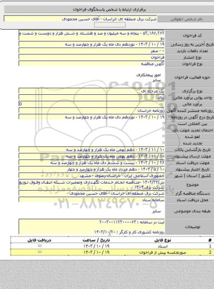 مناقصه, ش/۱۴۰۳/۳۴ -مناقصه انحام خدمات نگهداری وتعمیرات شبکه انتقال وفوق توزیع شرکت برق ۱۴۰۴
