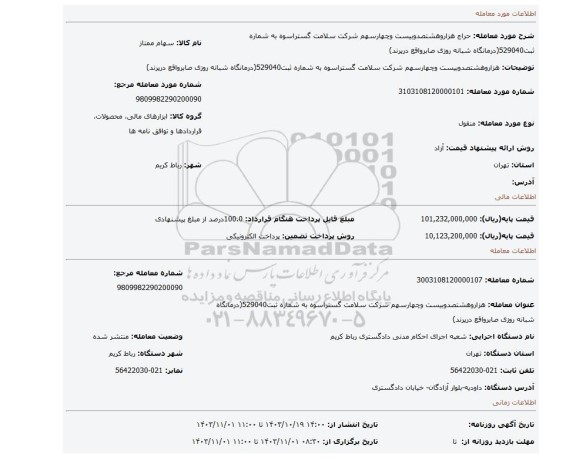 مزایده، هزاروهشتصدوبیست وچهارسهم شرکت سلامت گستراسوه به شماره ثبت529040(درمانگاه شبانه روزی صابرواقع درپرند)