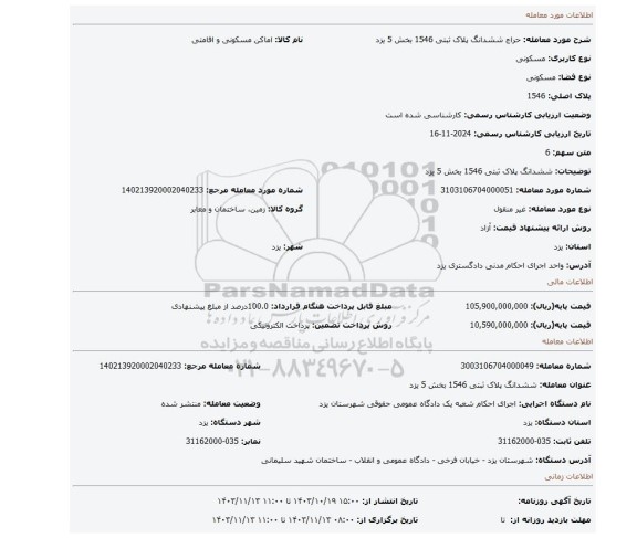 مزایده، ششدانگ پلاک ثبتی 1546 بخش 5 یزد