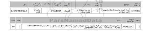 استعلام بدنه پایینی ترانسفرکار مذاب/تحویل فوق اضطراری