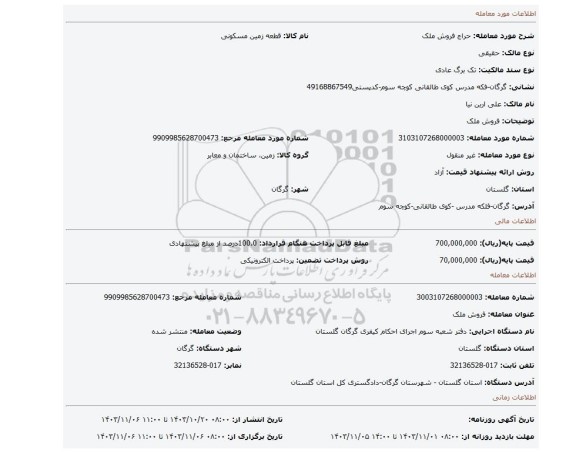 مزایده، فروش ملک