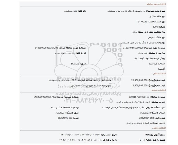 مزایده، فروش 6 دانگ یک باب منزل مسکونی