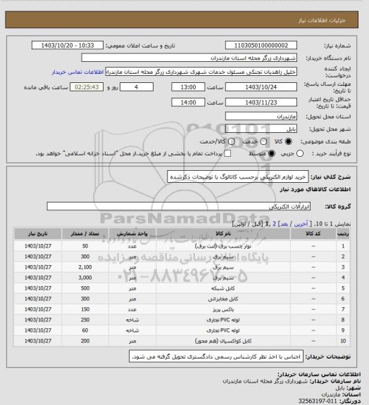 استعلام خرید لوازم الکتریکی برحسب کاتالوگ با توضیحات ذکرشده