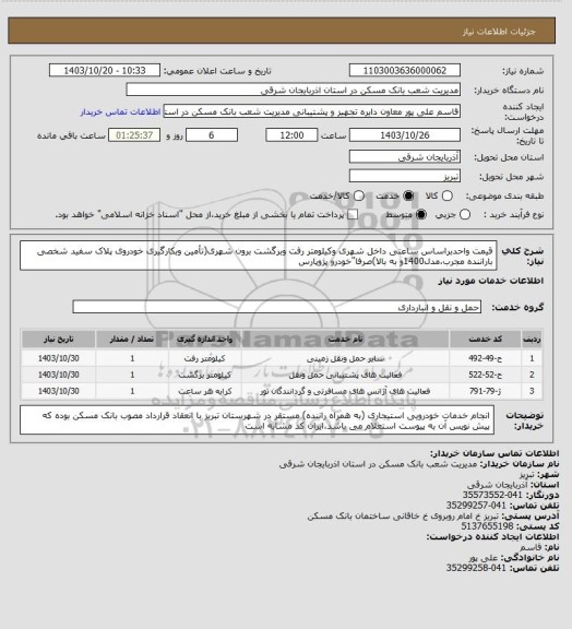 استعلام قیمت واحدبراساس ساعتی داخل شهری وکیلومتر رفت وبرگشت برون شهری(تأمین وبکارگیری خودروی پلاک سفید شخصی باراننده مجرب،مدل1400و به بالا)صرفا"خودرو پژوپارس