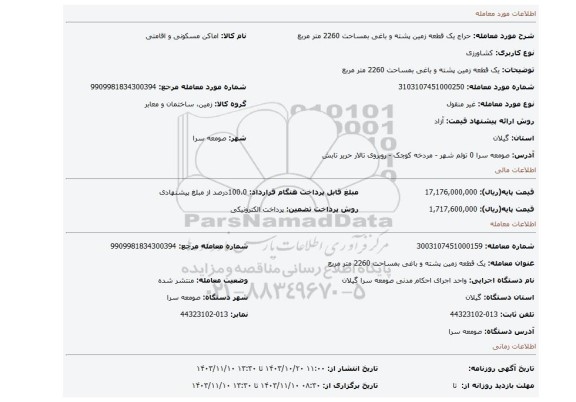 مزایده، یک قطعه زمین پشته و باغی بمساحت 2260 متر مربع