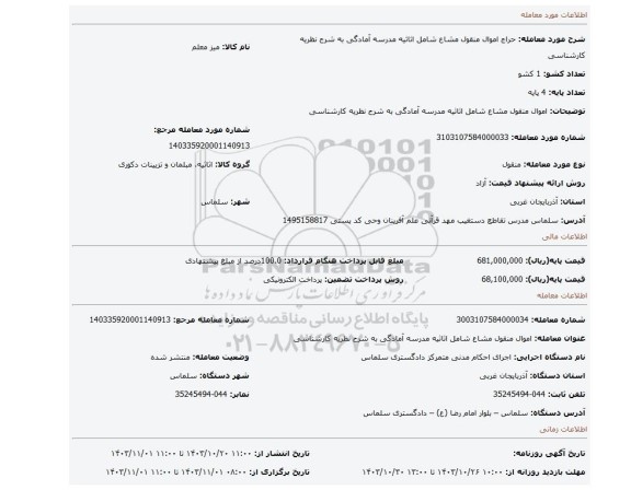 مزایده، اموال منقول مشاع شامل اثاثیه مدرسه آمادگی به شرح نظریه کارشناسی