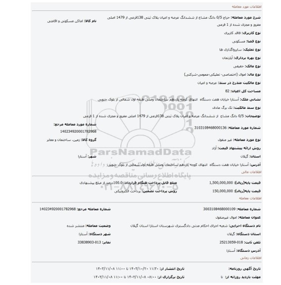 مزایده،  0/5 دانگ مشاع  از ششدانگ عرصه و اعیان پلاک ثبتی 138فرعی از 1479 اصلی مفروز و مجزی شده از 1 فرعی