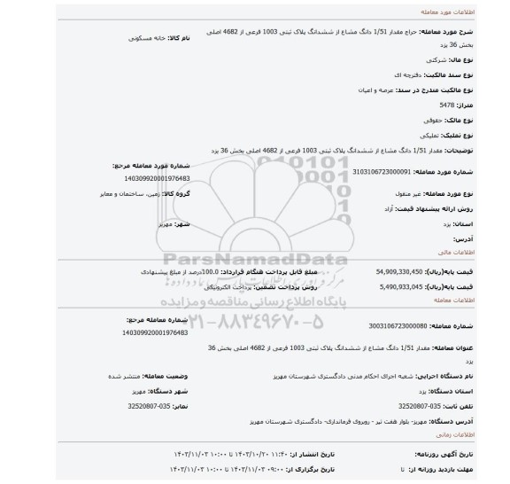 مزایده، مقدار 1/51 دانگ مشاع از ششدانگ پلاک ثبتی 1003 فرعی از 4682 اصلی بخش 36 یزد