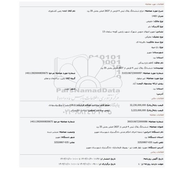 مزایده، ششدانگ پلاک ثبتی 4 فرعی از 2637 اصلی بخش 35 یزد