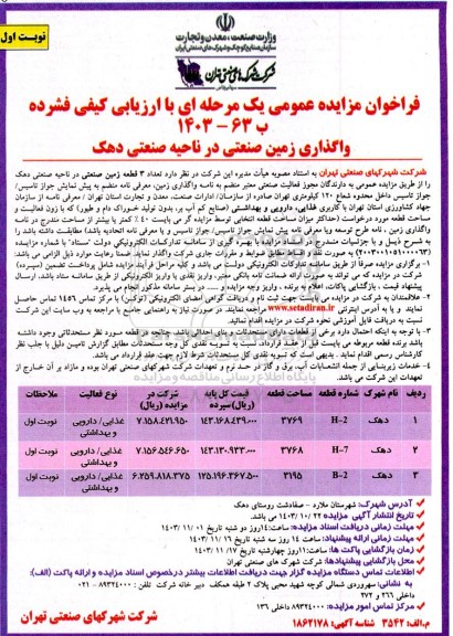 مزایده واگذاری زمین صنعتی در ناحیه صنعتی دهک