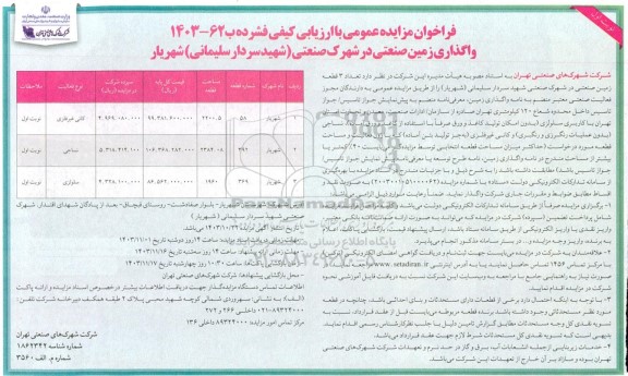مزایده واگذاری زمین صنعتی در شهرک صنعتی (شهید سردار سلیمانی)