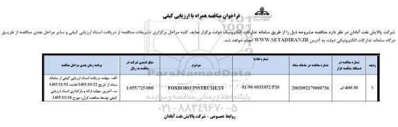 مناقصه FOXBORO INSTRUMENT