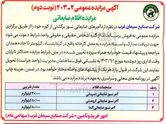 مزایده آجرهای ضایعاتی نسوز برگشتی از کوره